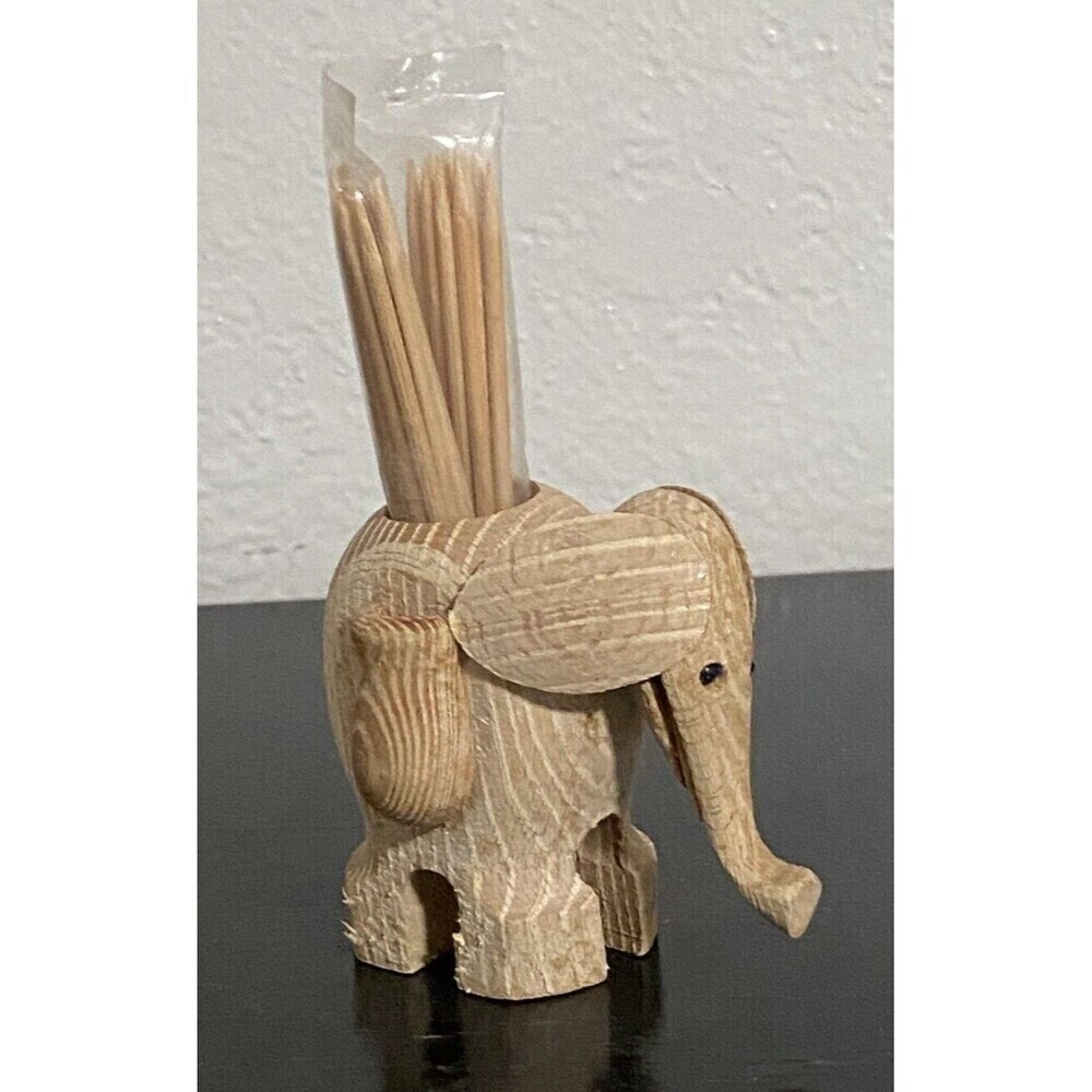 VTG Toothpick Holder Wooden Elephant with Toothpicks Natural Wood UNUSED